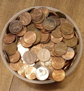 Lincoln Cents in a small bucket